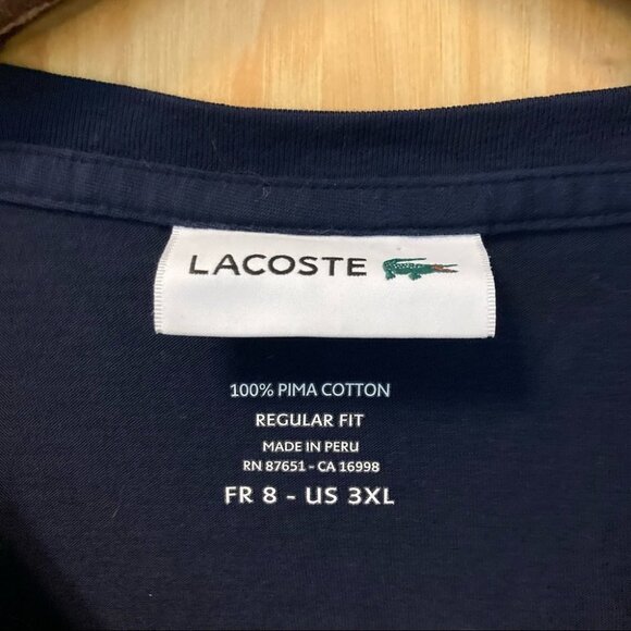 LACOSTE Sz 3X Pima Cotton V-Neck Regular Fit Dark Blue Tee T-Shirt - Picture 2 of 6